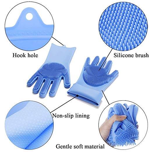 Silicone gloves with scrubbers have non-slip lining, gentle soft material and hook hole on each glove.