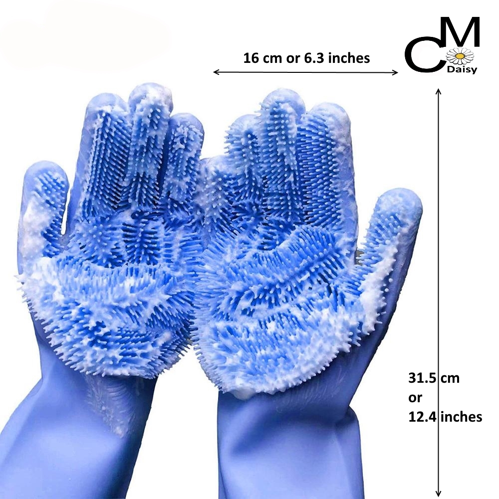 Dimensions of the sillicone gloves and how soapy they can get.