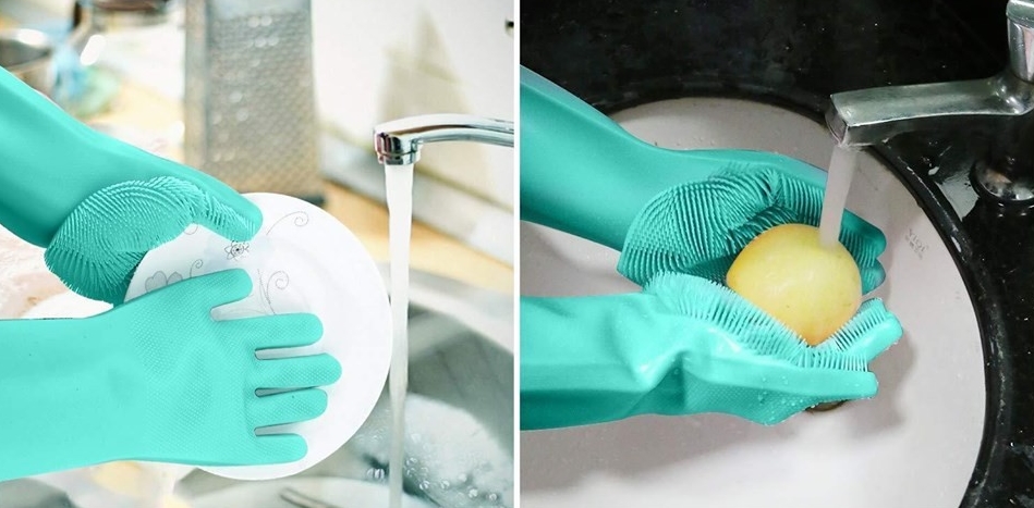 silicone gloves washing dishes and vegetables.