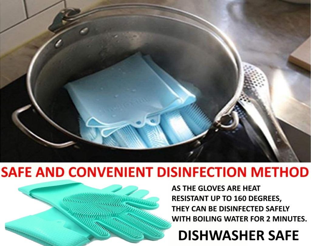 Safe and convenient disinfection method the silicone gloves are dishwasher safe.