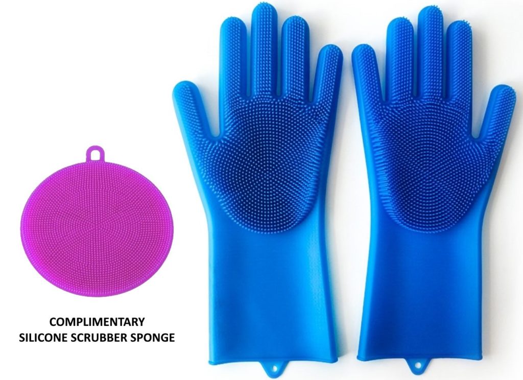 Set of silicone gloves together with a complimentary silicone scrubber sponge.