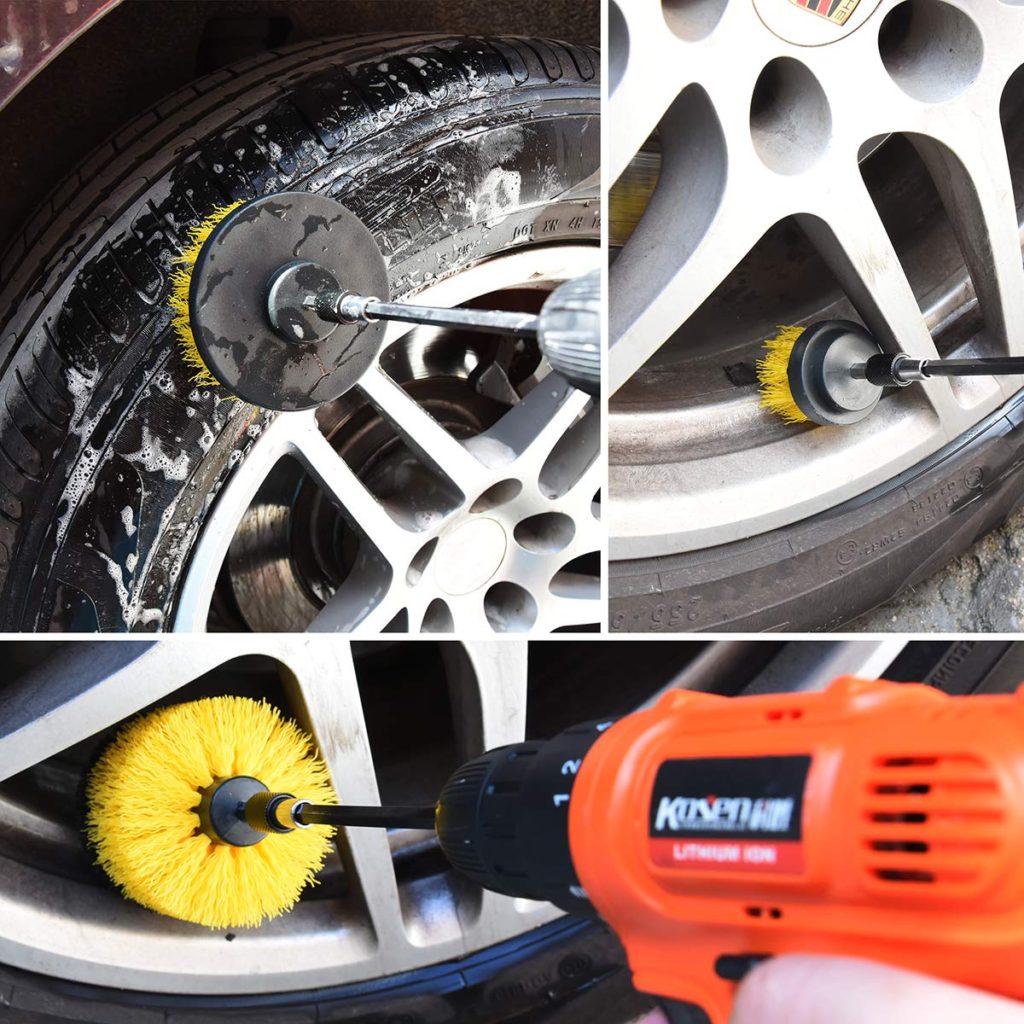 Drill brush extension makes it so much easier to clean in hard to reach places such as rims on tires.