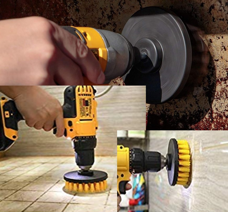 Removing paint from cement wall or grout from floors can be quick and easy with these drill brush attachments.
