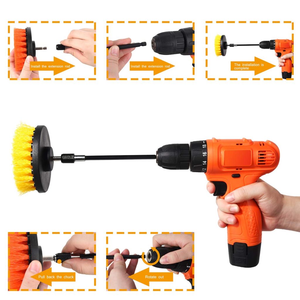 How to attach the brush to the extender and the drill, very easy.
