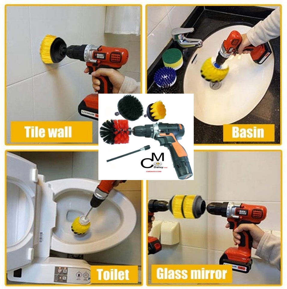 Drill brush attachments work well in the basin, toilet, mirror and tile wall.