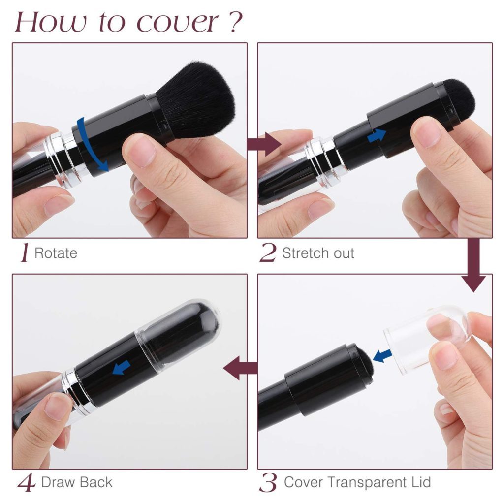 How to use the 4 in 1 brush set, rotate, stretch out, draw back, cover transparent lid.